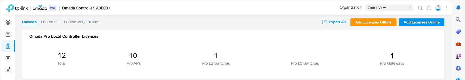 Screenshot of the Omada Pro Controller (A3E081) licenses page. The "Omada Pro Local Controller Licenses" section displays counts: 12 total, 10 Pro APs, 1 Pro L2 Switch, 1 Pro L3 Switch, and 1 Pro Gateway. Buttons for "Export All," "Add Licenses Offline," and "Add Licenses Online" are on the right.