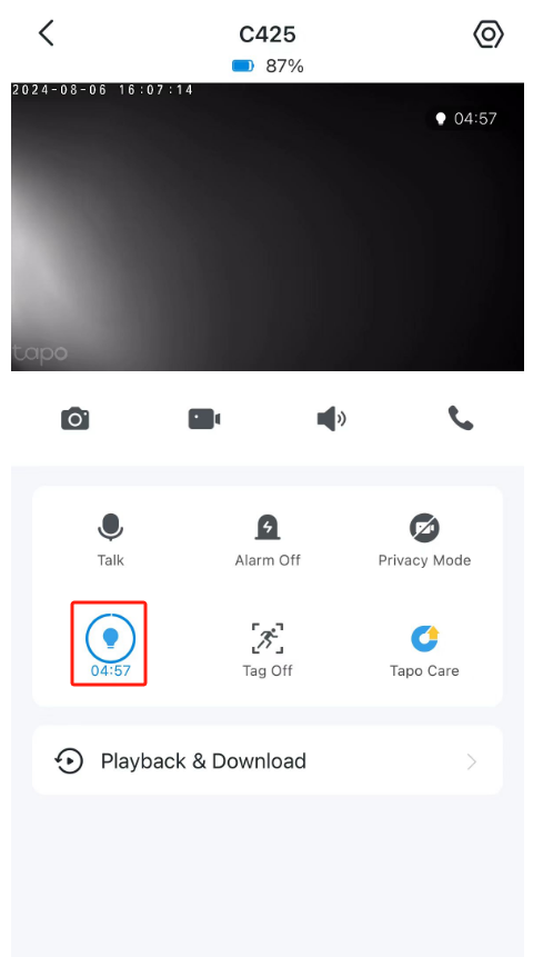 Locate the light button in the live view page.