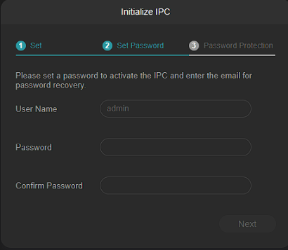 Set password page of VIGI devices.