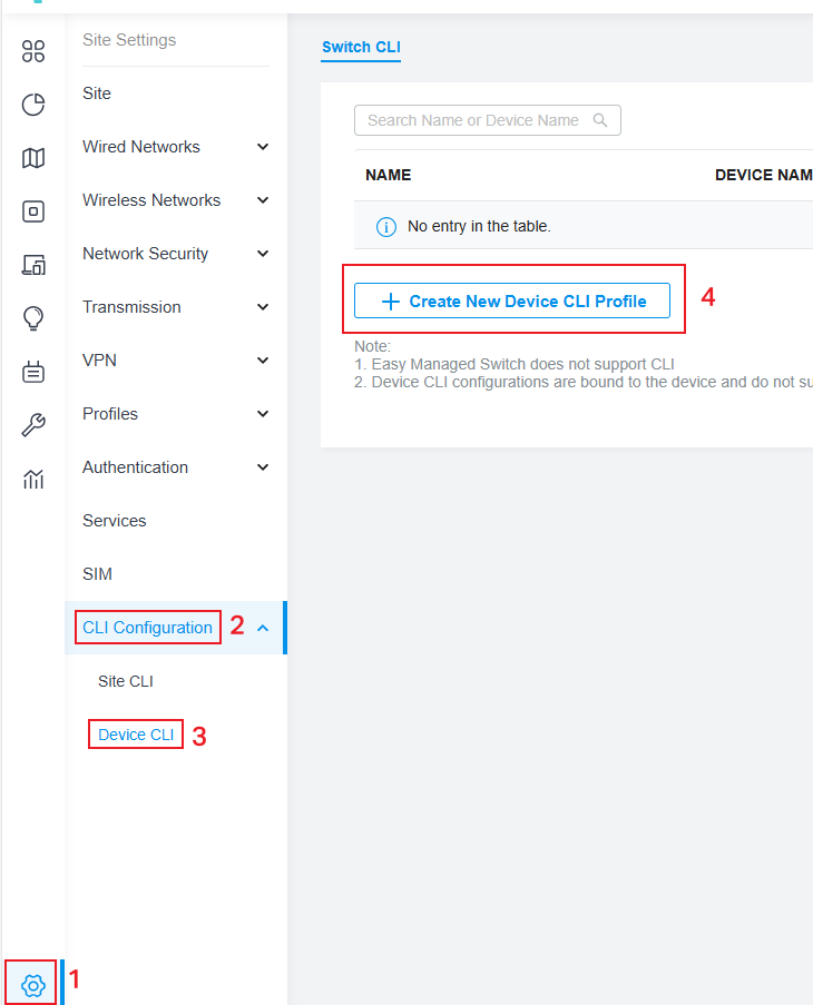 The position to create a new device CLI profile on the Controller webpage.