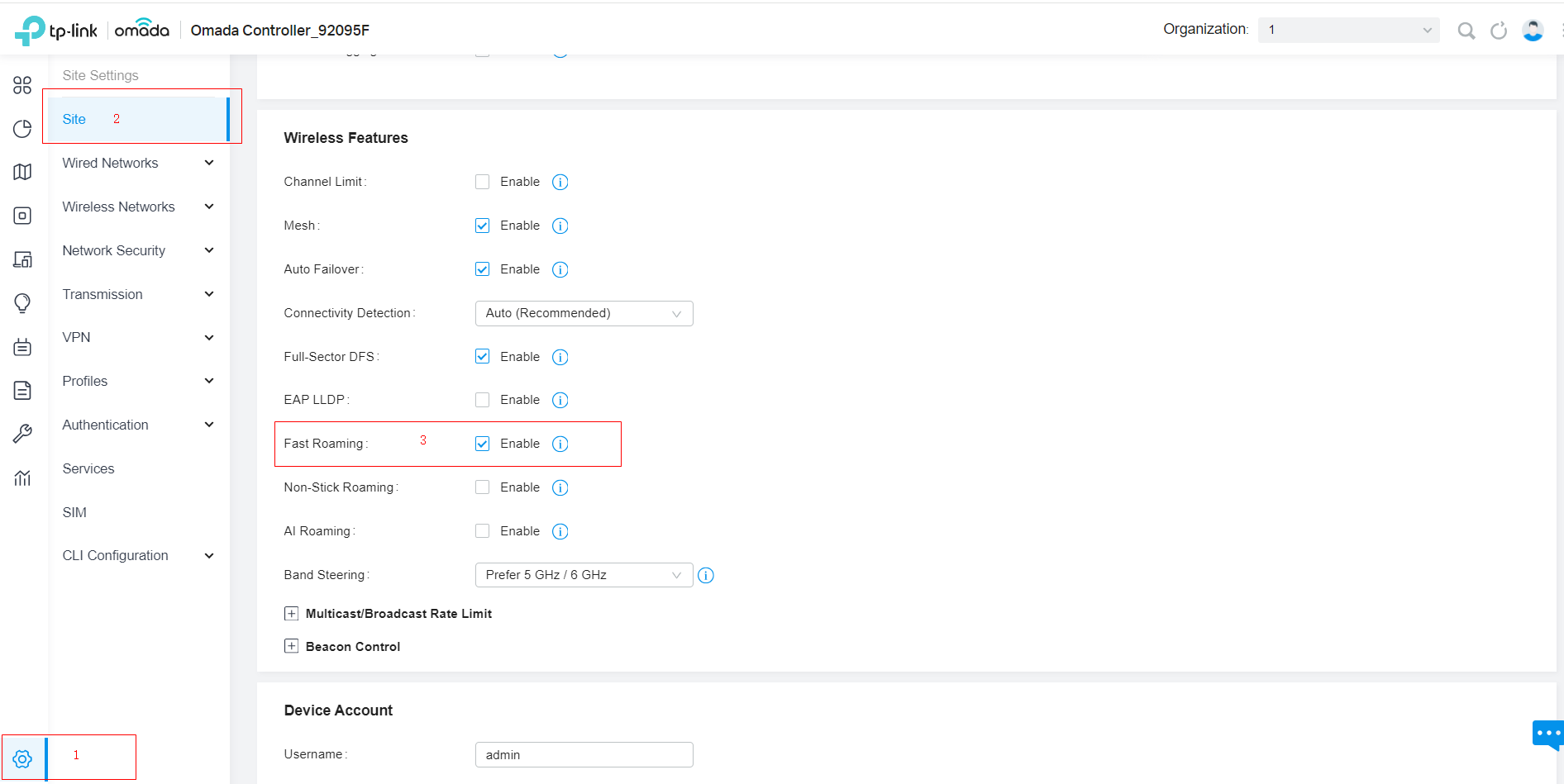 The position to enable Fast Roaming on Controller webpage.