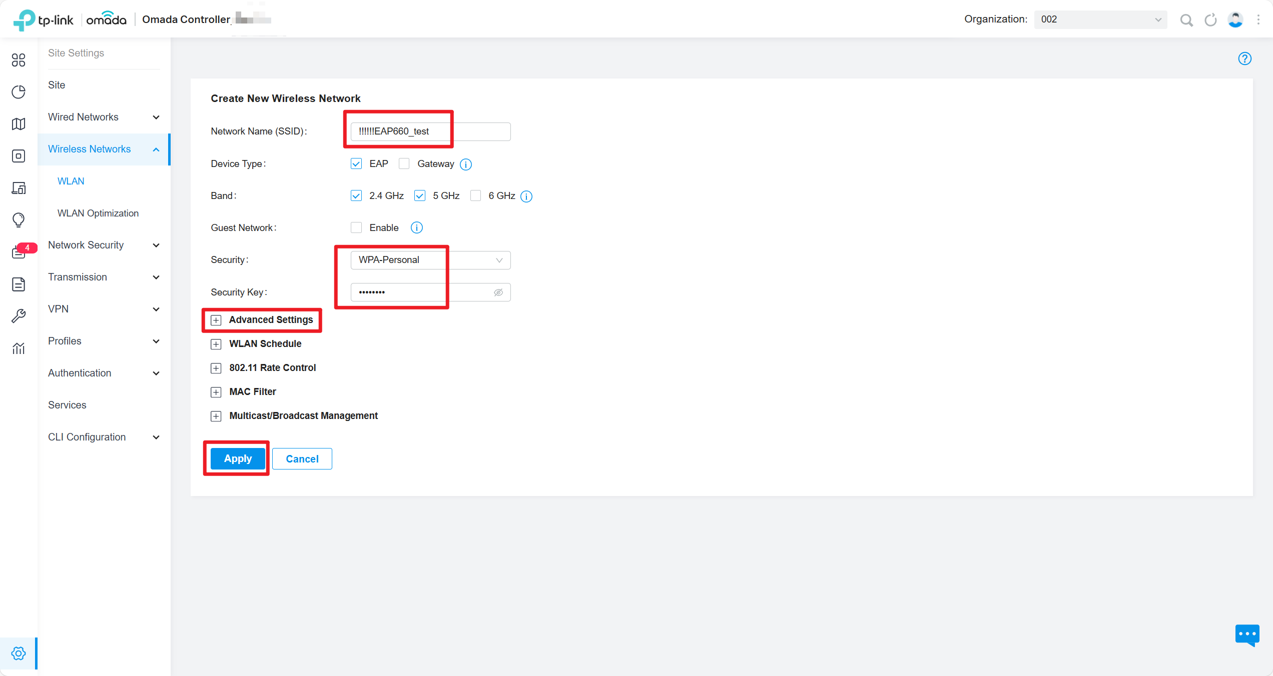Configurations of the wireless network, including SSID/Security/Advanced settings.