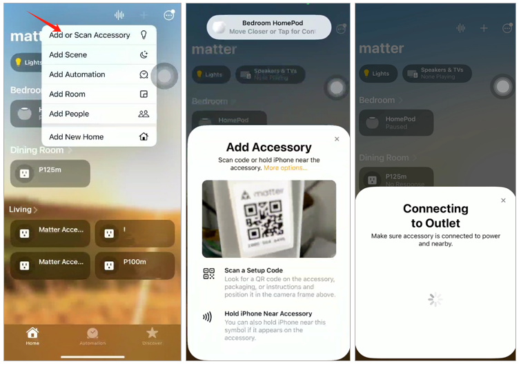 The steps to find the entry to add a Matter device to Apple Home.