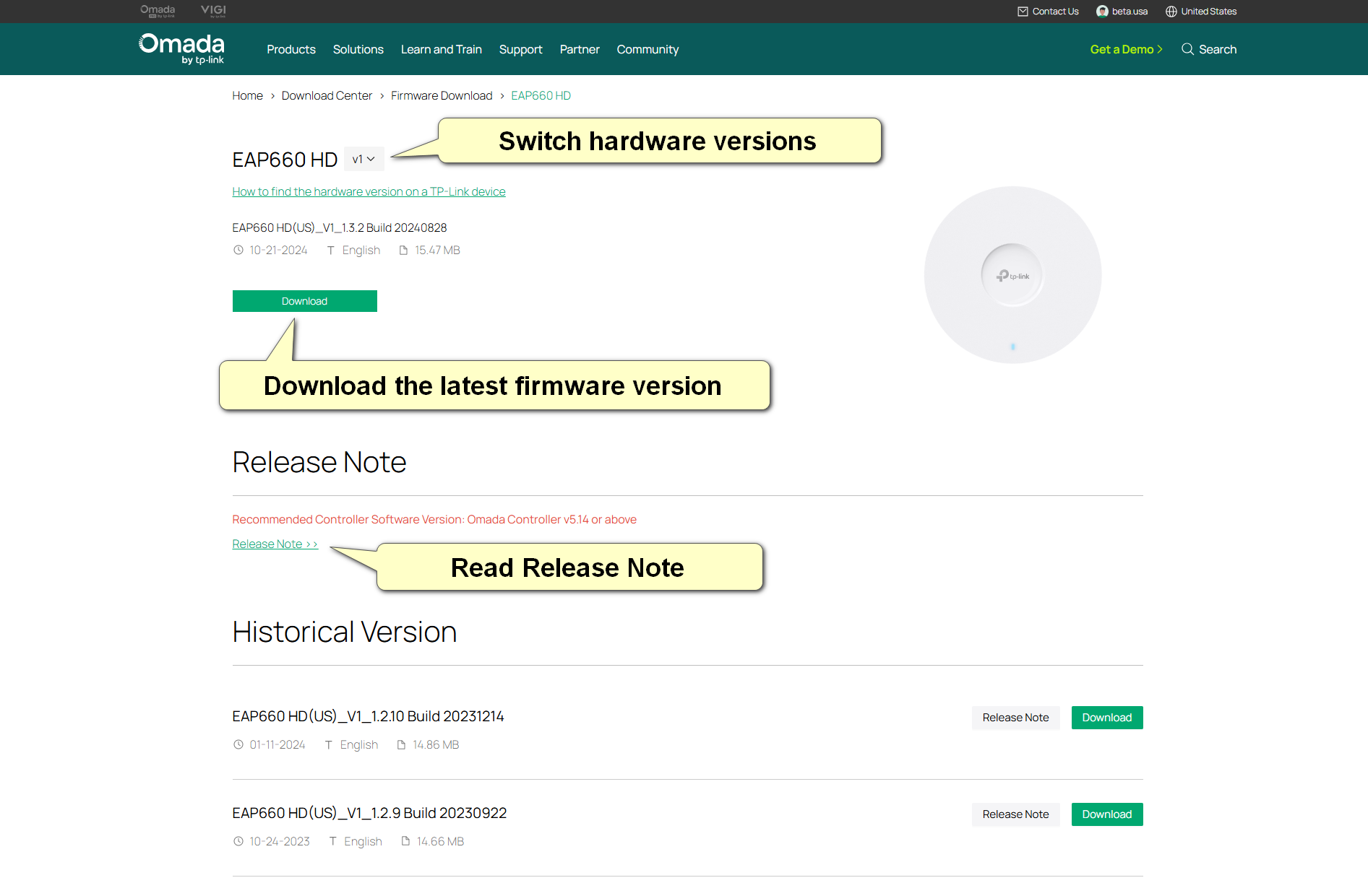 Display the Firmware Download page of EAP660 HD V1.