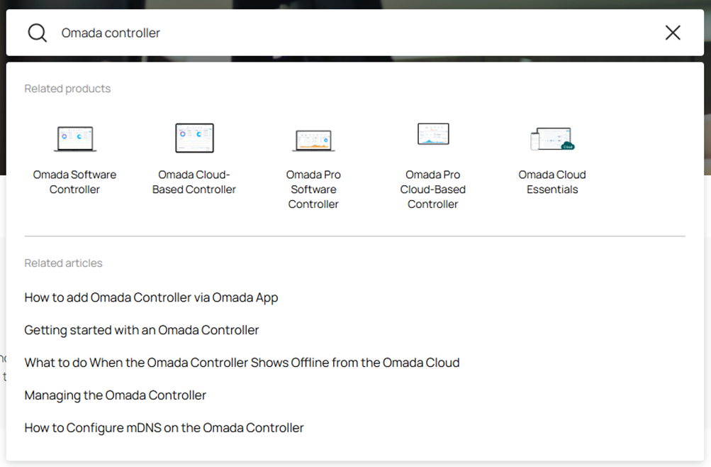Display the general search box, the text “Omada controller” has been entered.