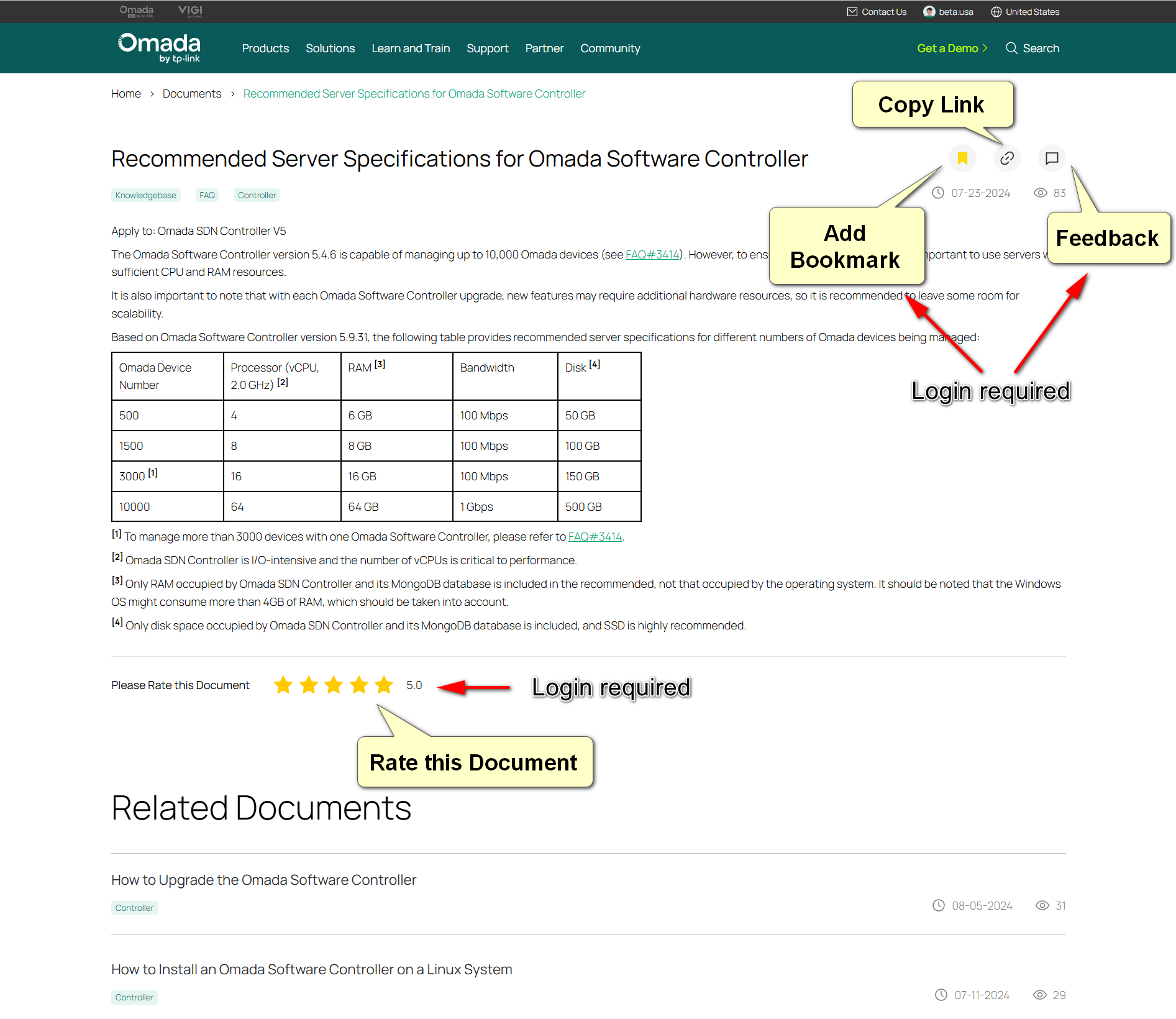 Display a document detail page. “Copy Link”, “Add Bookmark”, “Feedback” and “Rate This Document” features are labeled, the last three require login.