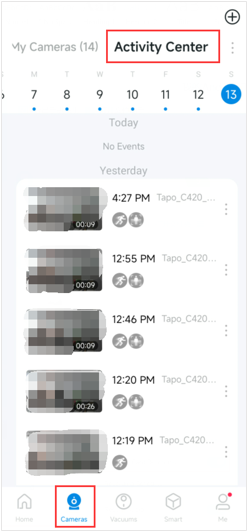 Display the location of Activity center function under camera page.