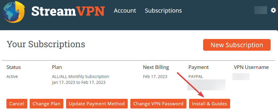 Screenshot showing the “Install & Guides” location of StreamVPN.
