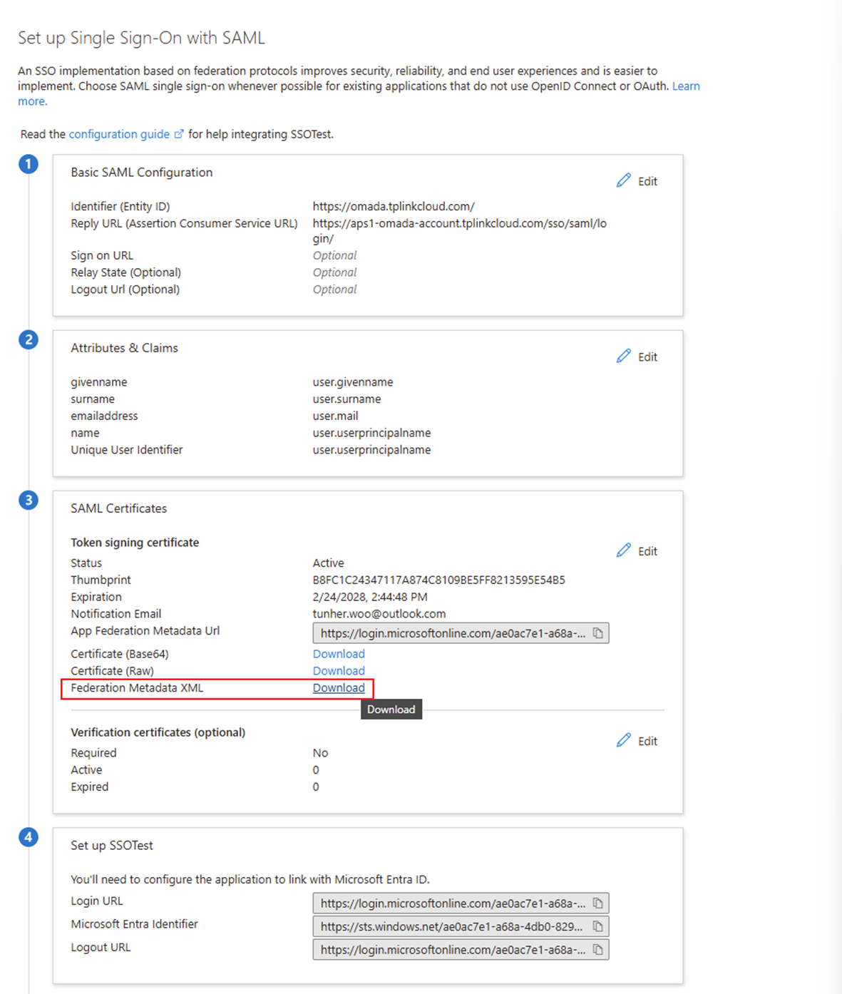 Click the last line of the third part to edit and download the Federation Metadata XML.