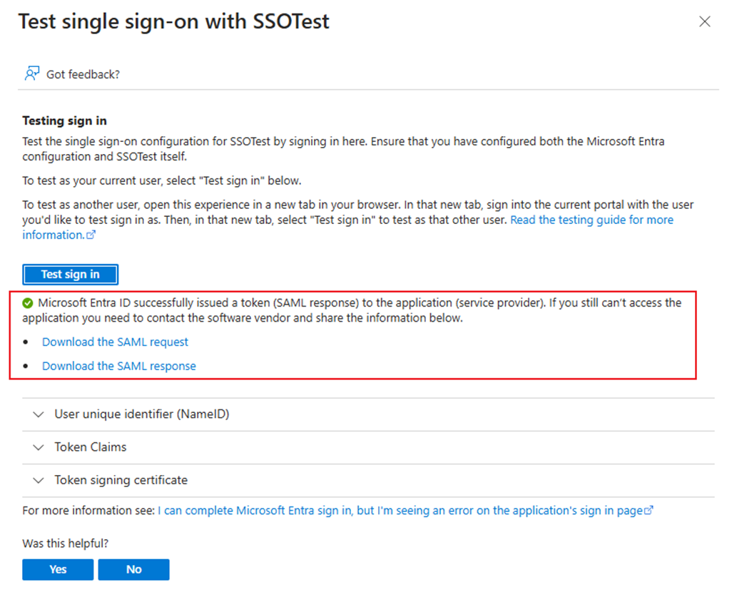 Test results will be shown under the Test sign-in button.
